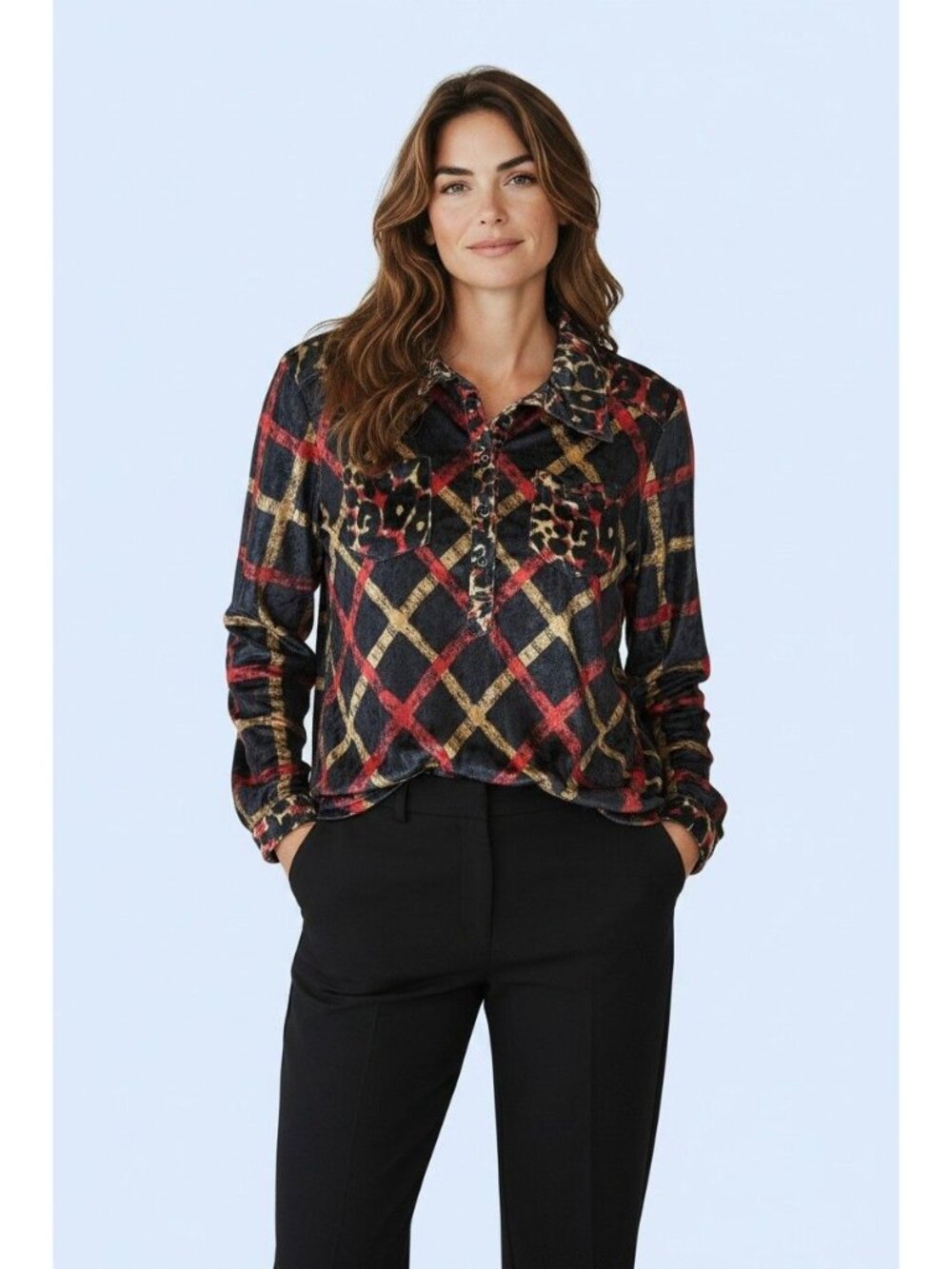 Paris Hues Womens Velvet Blouse M Long Sleeve Button-Up Shirt Leopard Checkered